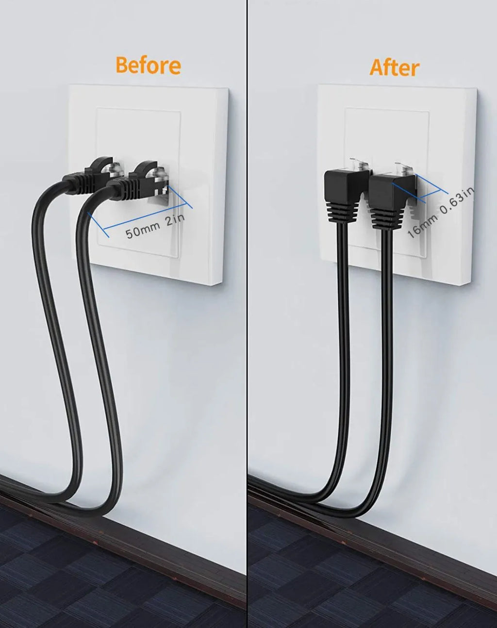 Cat6 Ethernet cable with right-angle RJ45 connector in black colour option