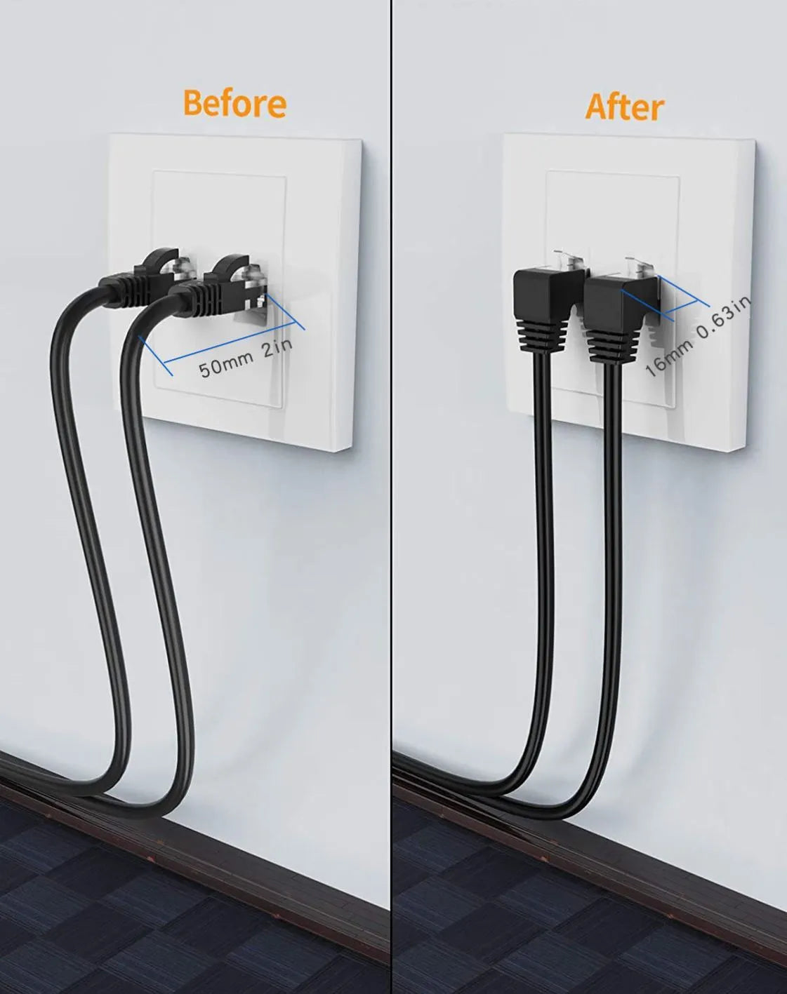 Cat6 Ethernet cable with right-angle RJ45 connector in black colour option