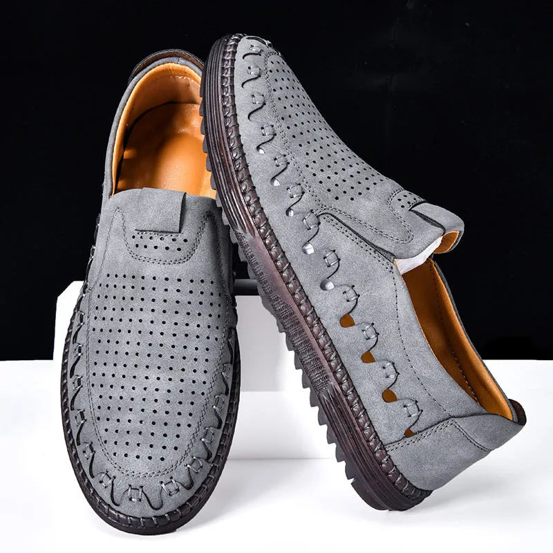 Men's brown handmade slip-on casual leather shoes with round toe and flat PVC sole