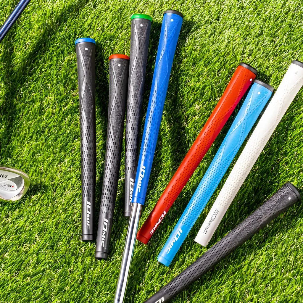 TPE non-slip golf grip in assorted colours including pink, red, blue, white, and black combinations.