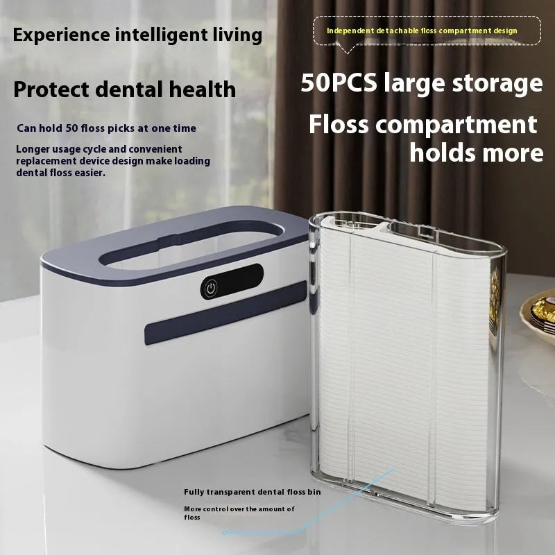 Intelligent induction dental floss box in dark grey, gold, and light grey colour options showing automatic pop-up mechanism.