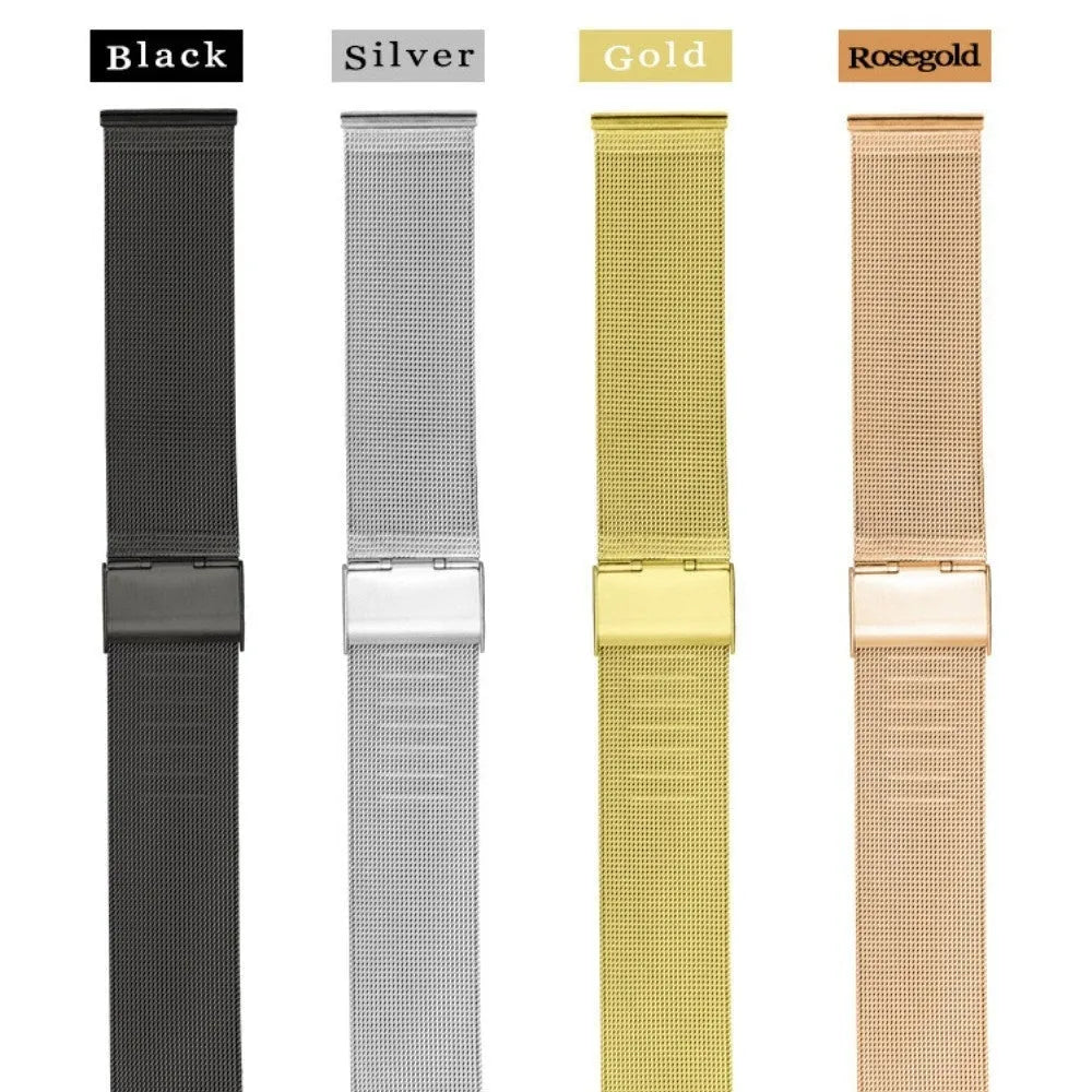 Milani Silk Woven Stainless Steel Watch Band in silver, black, rose gold, and gold colours with various bandwidth sizes