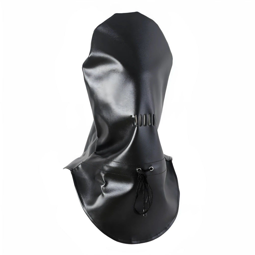 A black leather BDSM mask for adults with an adjustable strap.
