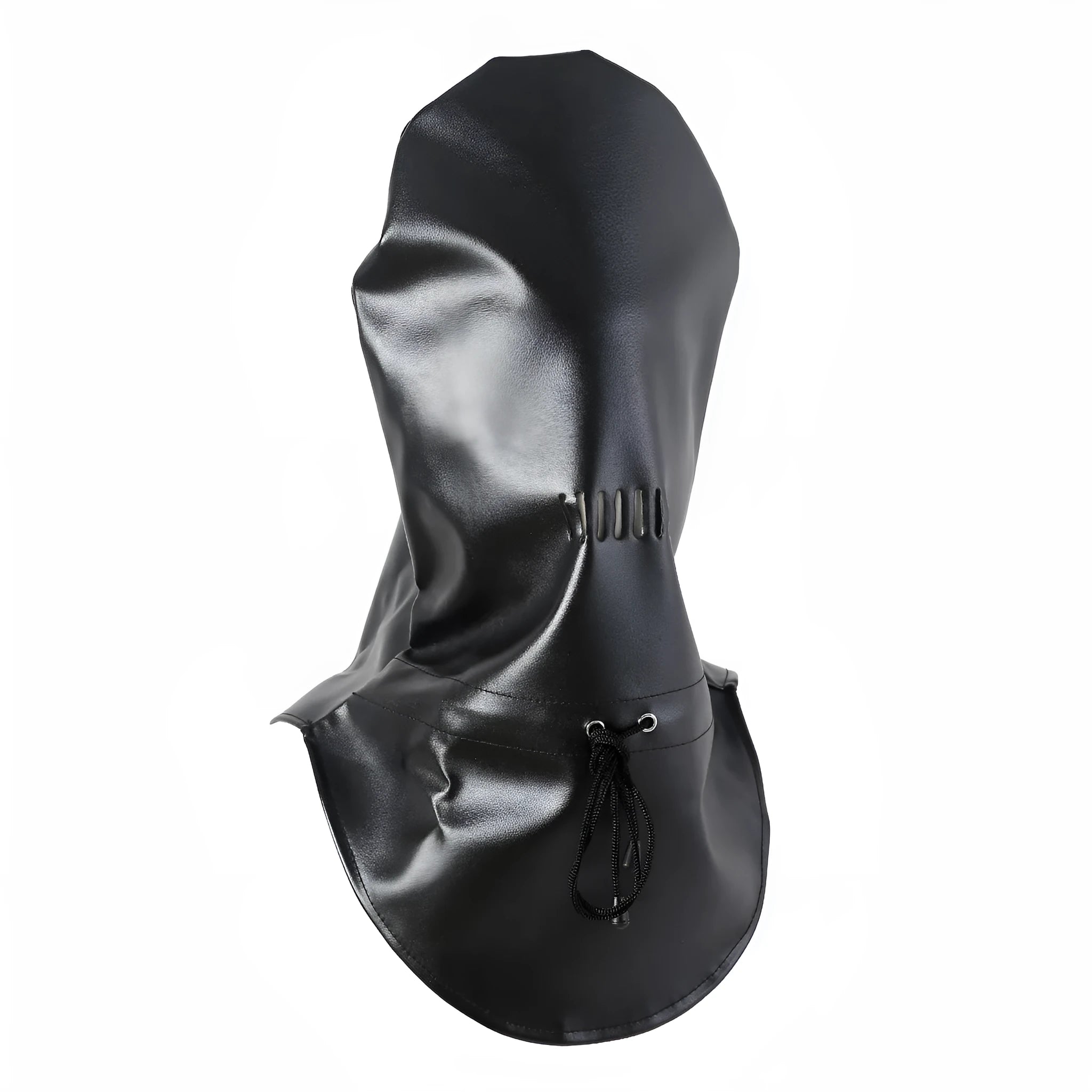 A black leather BDSM mask for adults with an adjustable strap.