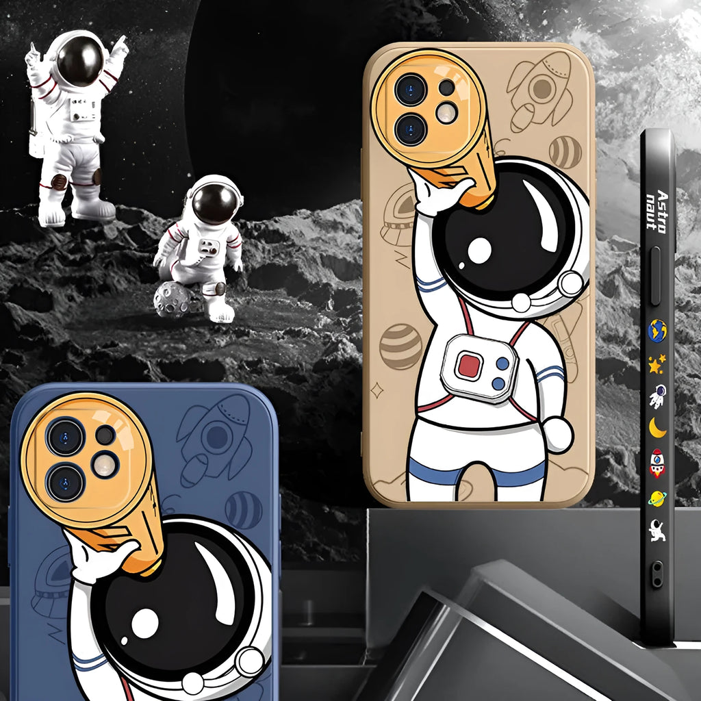 Cartoon astronaut design silicone phone case for iPhone on a starry space background.