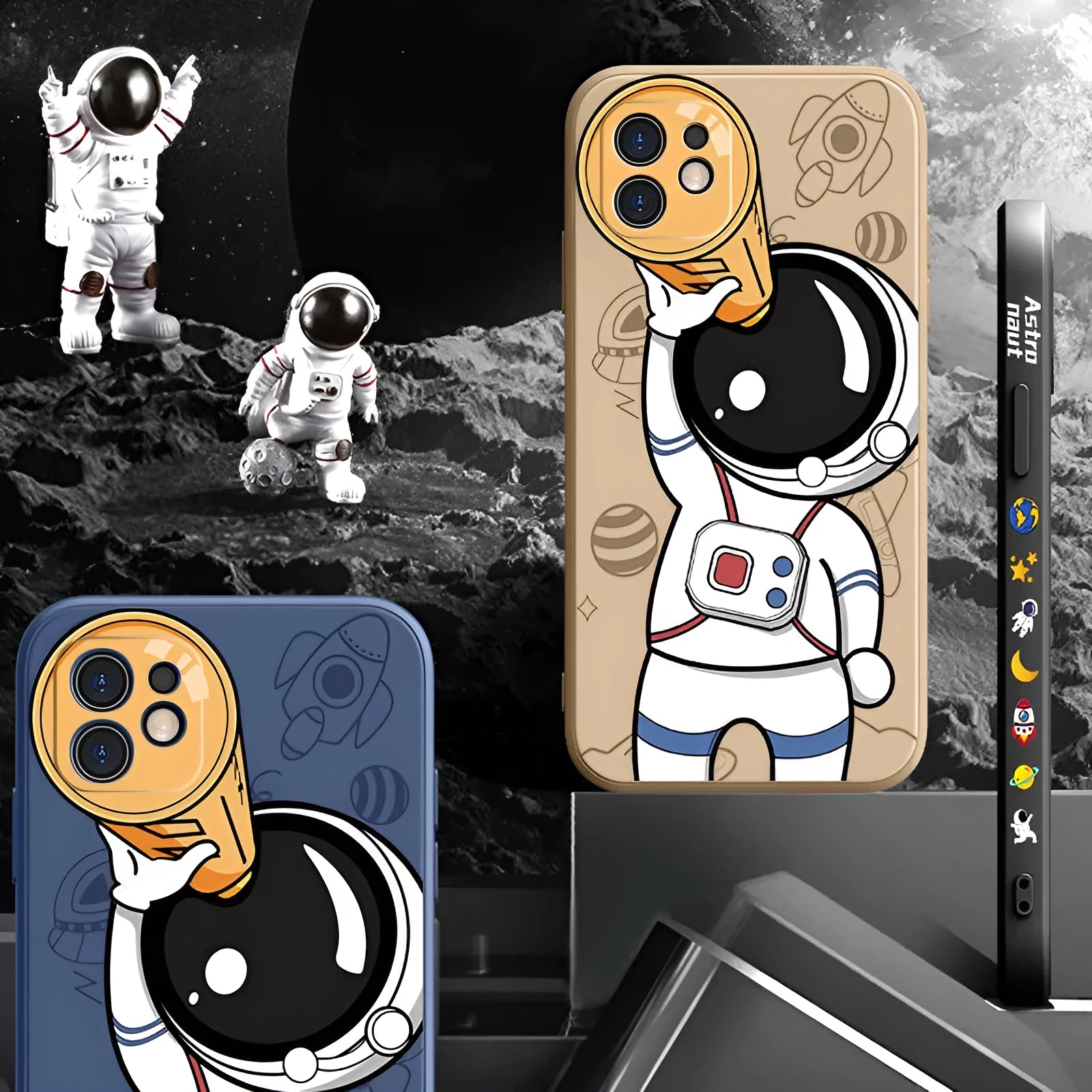 Cartoon astronaut design silicone phone case for iPhone on a starry space background.