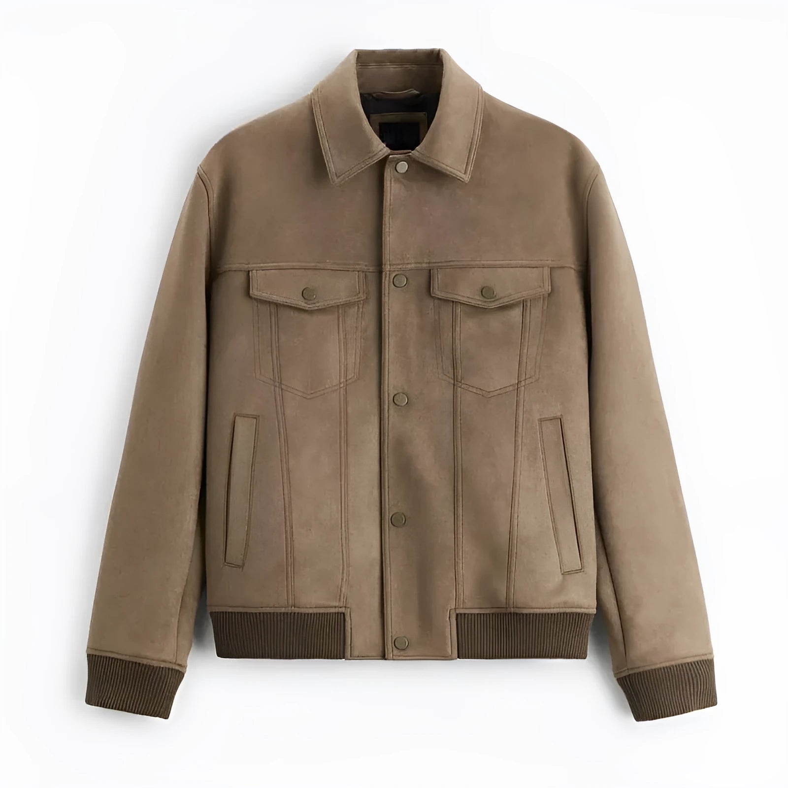 British style suede velvet commuter jacket in light grey or mink colour, made from spandex fabric.