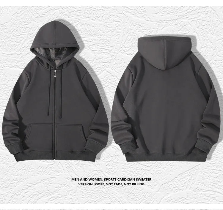 A beige men's plus-size zip-up hooded sweater with top-stitch pockets on a mannequin.