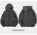A beige men's plus-size zip-up hooded sweater with top-stitch pockets on a mannequin.
