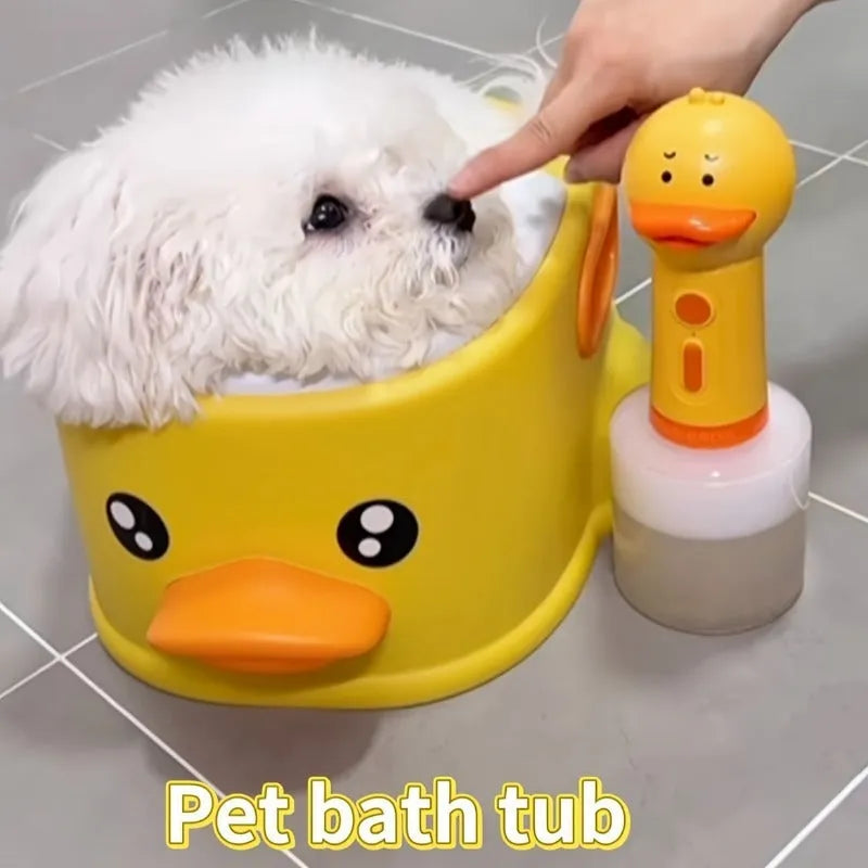 Blue PVC pet bath tub shaped like a duck for washing dogs and cats, shown on a bathroom floor.