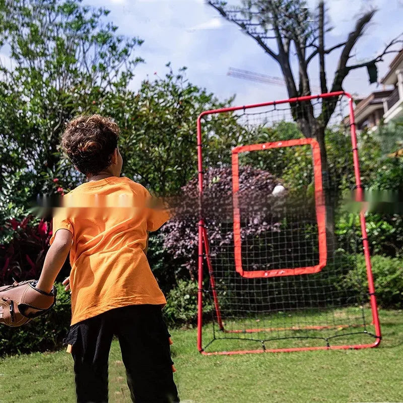 Red portable baseball training net with adjustable metal frame folded for storage