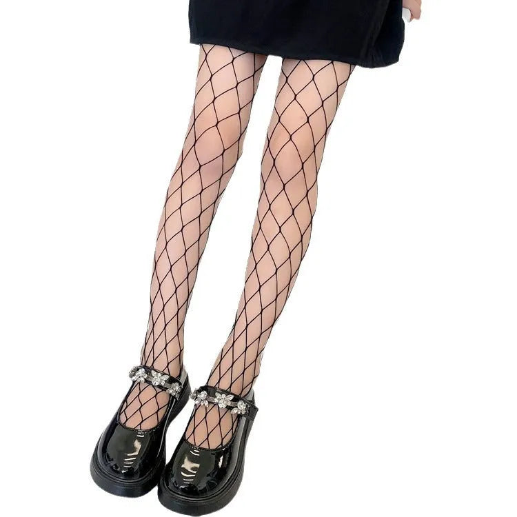Women's black and white mesh stockings in large, medium, and small net patterns.