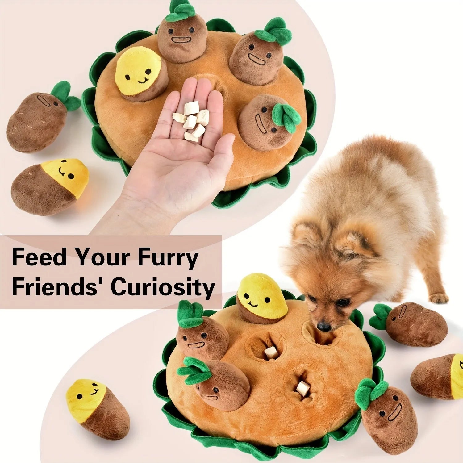 Yellow interactive dog sniffing pad made of polyester with removable squeaky plush toys for foraging training