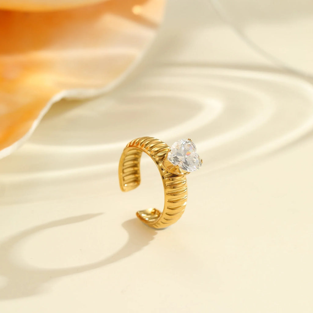 Gold inlaid zircon stainless steel geometric ring with heart and drop shapes