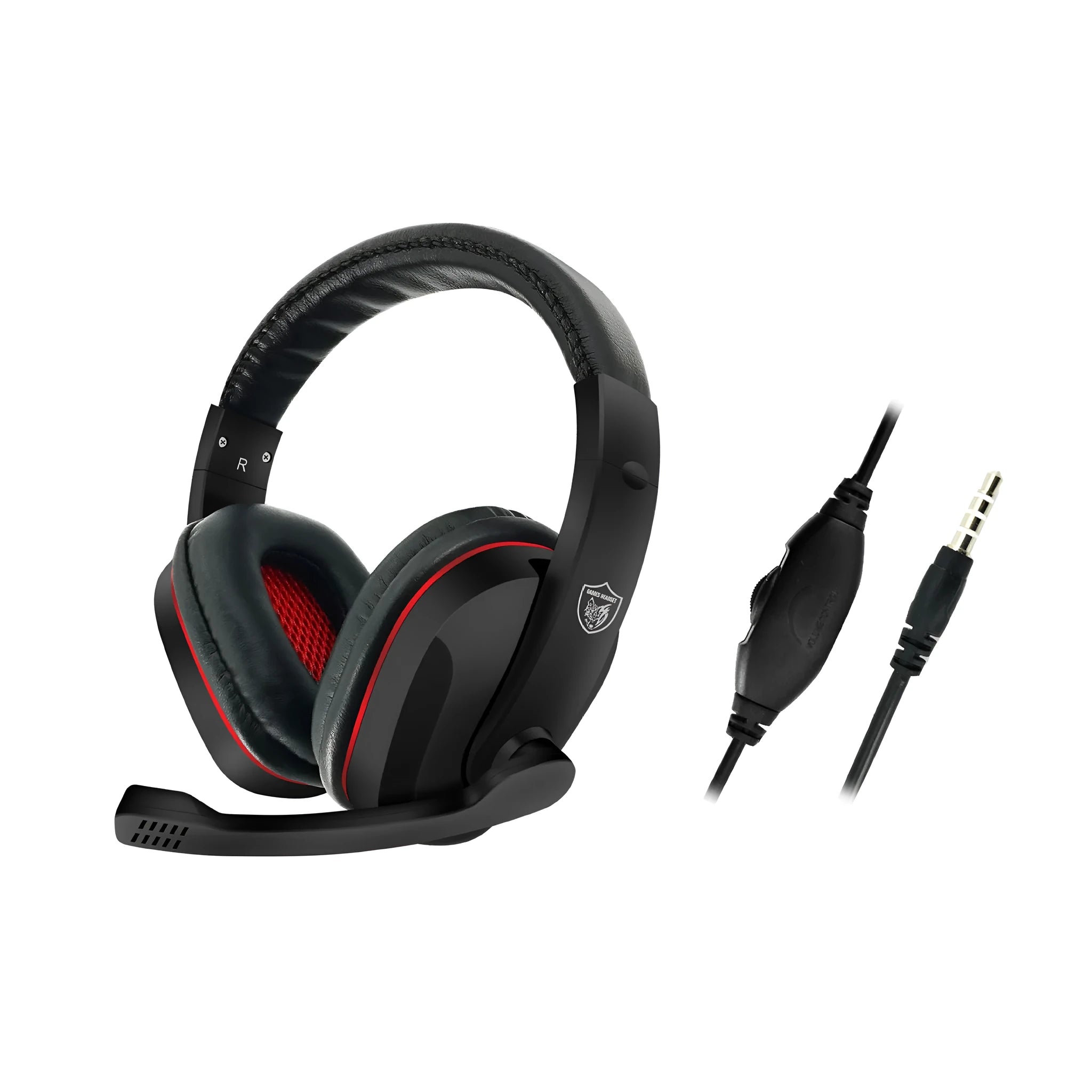 Black wired gaming headset for PC with 40mm speakers and a 1.2m cable ending in a 6.3mm straight plug.
