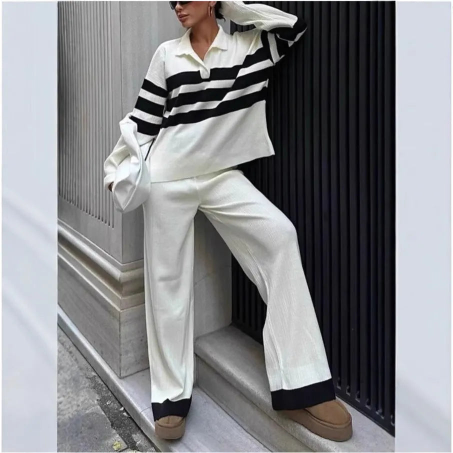 Women's black and white striped polo collar knitted top with matching long trousers casual two-piece set