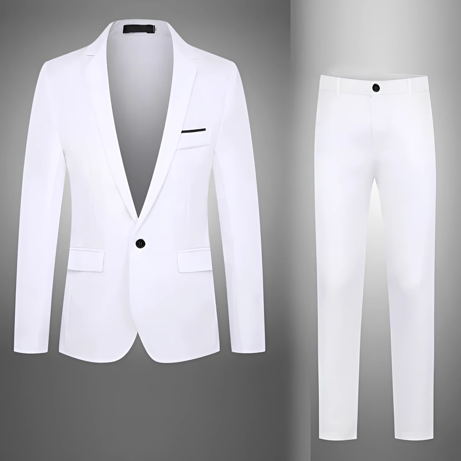 Men's loose-fit acetate wedding tuxedo suit in multiple colours on a size chart.