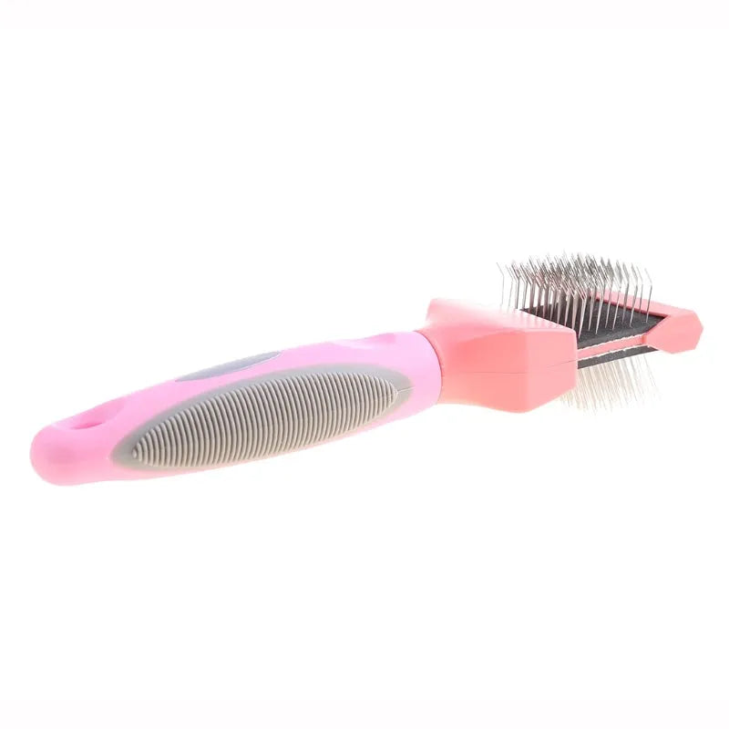 Blue double sided pet brush for dogs with stainless steel pins on a white background