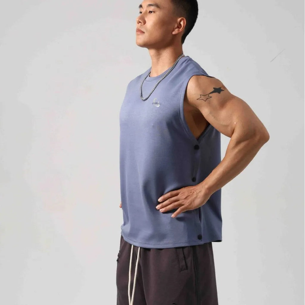 Korean style men's loose cotton fitness vest with hidden hook fastening on both sides