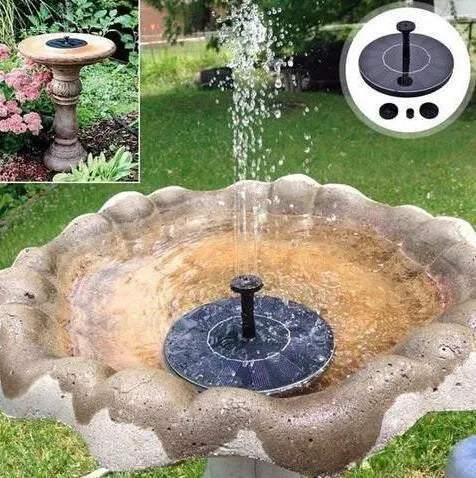 Black solar water fountain pump with four nozzle options for garden ponds and birdbaths