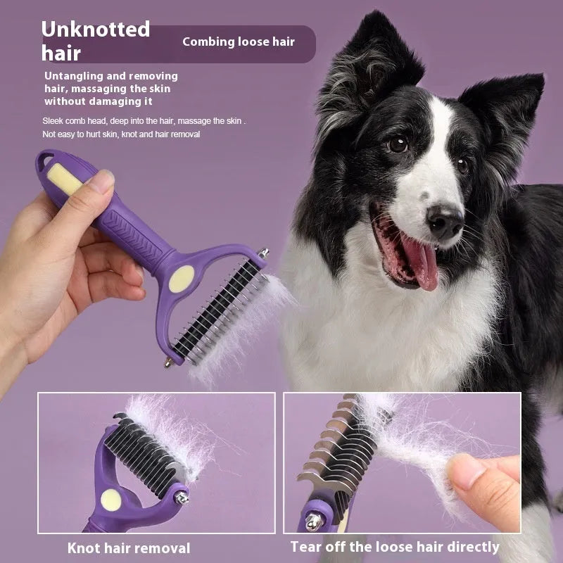Purple plastic double-sided pet grooming comb with knot-removing teeth for dogs