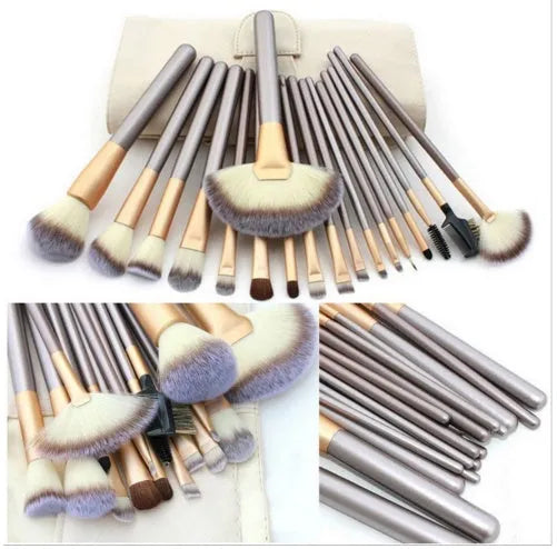 Persian makeup brush set with rice white brush heads and champagne colour handles in professional brush roll