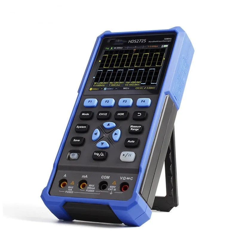 Handheld Owon HDS272 digital oscilloscope with probe accessories for automotive diagnostics