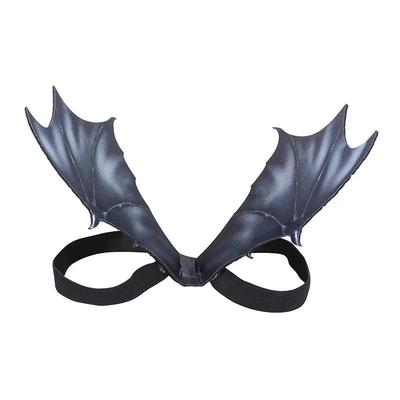 Black cloth bat wing costume for dog or cat, shown in large, medium, and small sizes.