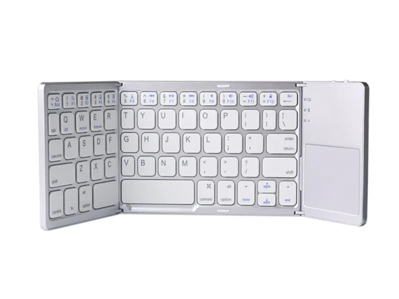 Ultra-thin tri-fold folding touch Bluetooth keyboard showing folded and open positions with integrated touchpad