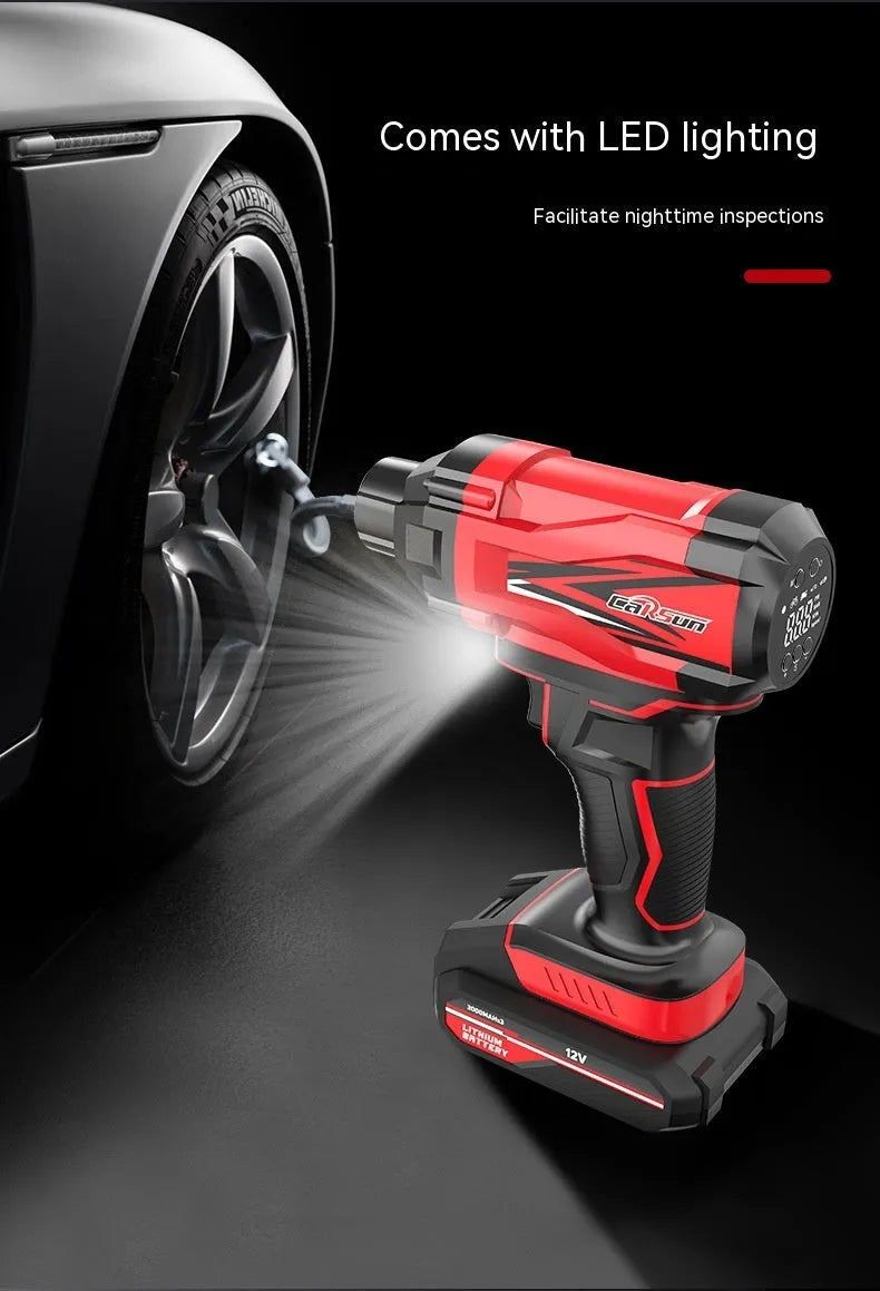Red and black portable car air pump with wired and wireless operation for tyre inflation