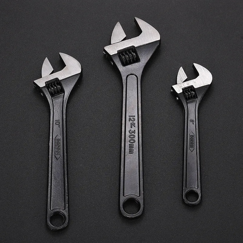 High carbon steel adjustable spanner tool with black finish showing open jaws and ergonomic handle