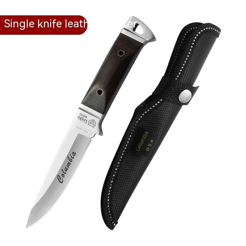 Camping multifunctional fruit knife with stainless steel blade and brown leather sheath.
