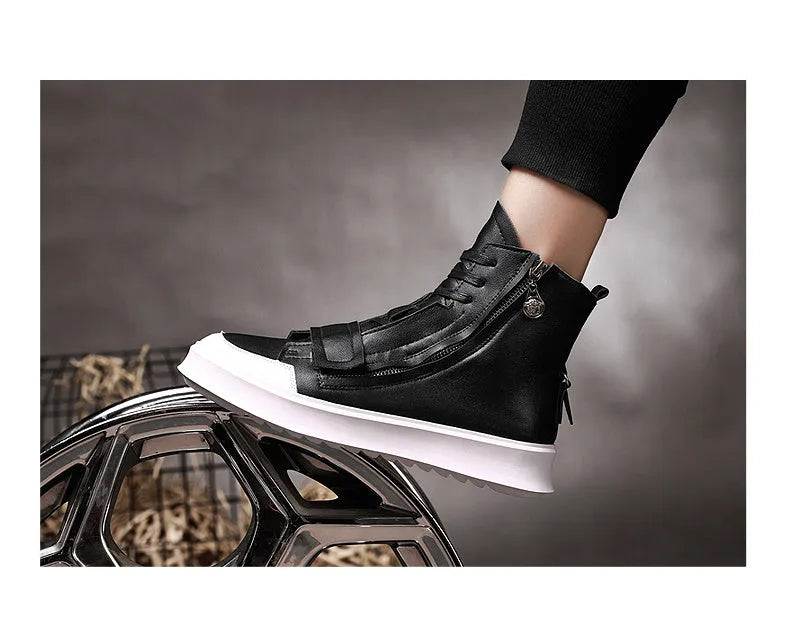 Black and white men's high-top ankle boots made from PU leather and microfiber for winter wear.