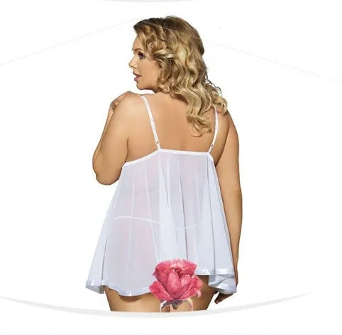 Women's black lace mesh sleepdress showing seamless construction and extended sizing