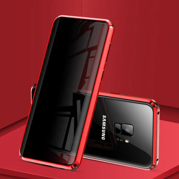 Black anti-peeping magnetic clamshell phone case for Samsung Galaxy showing privacy screen and magnetic closure