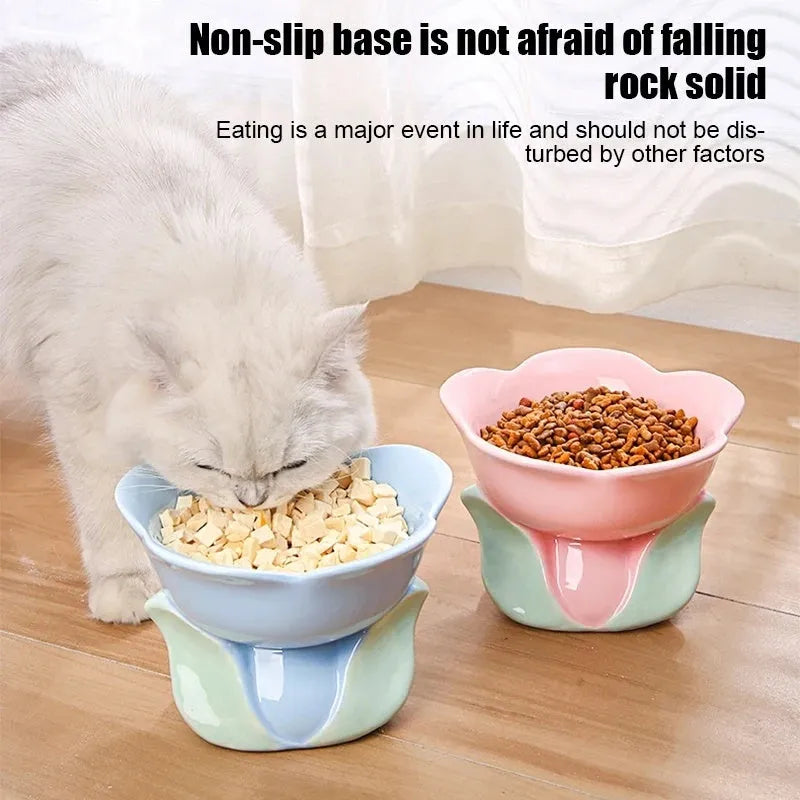 Blue ceramic elevated pet bowl with floral pattern and non-slip base for cats and small dogs