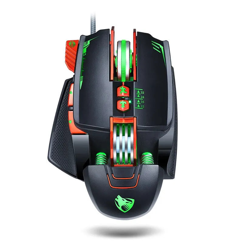 Thunder Wolf V9 black and grey wired gaming mouse with USB cable on a desk