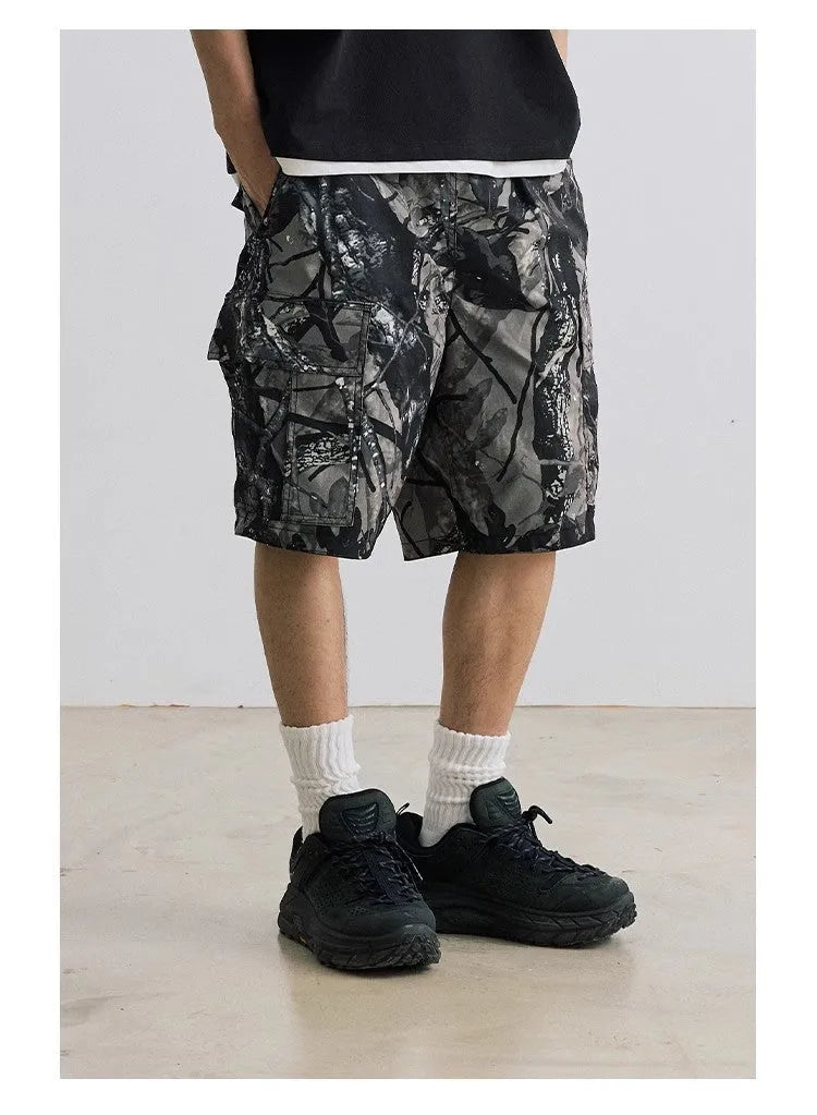 Men's loose casual straight-leg denim shorts in black and army green colours