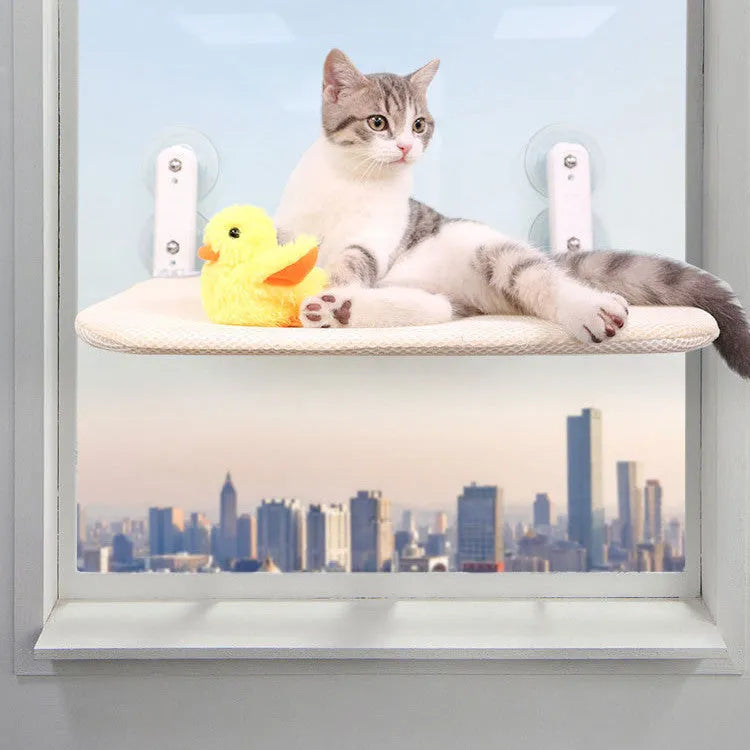 Stainless steel foldable cat window perch with suction cups in beige mesh finish