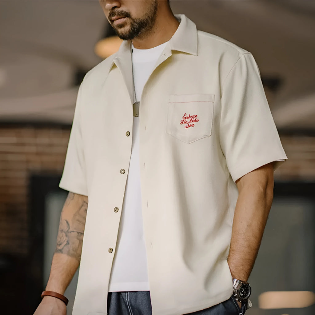 Men's light apricot Cuban collar shirt with bamboo and floral pattern