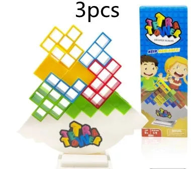 Plastic balance stacking board game with 16 colourful blocks on a chassis and base