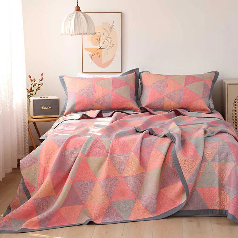 Cotton gauze bed blanket and matching pillowcases with plant and flower pattern in multiple size options