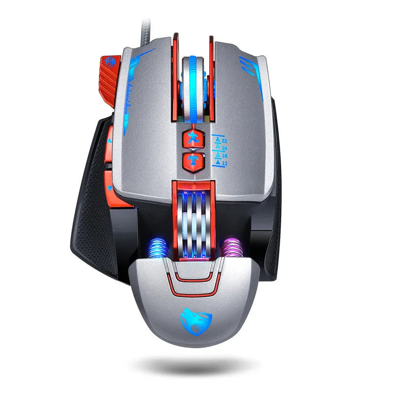 Thunder Wolf V9 black and grey wired gaming mouse with USB cable on a desk