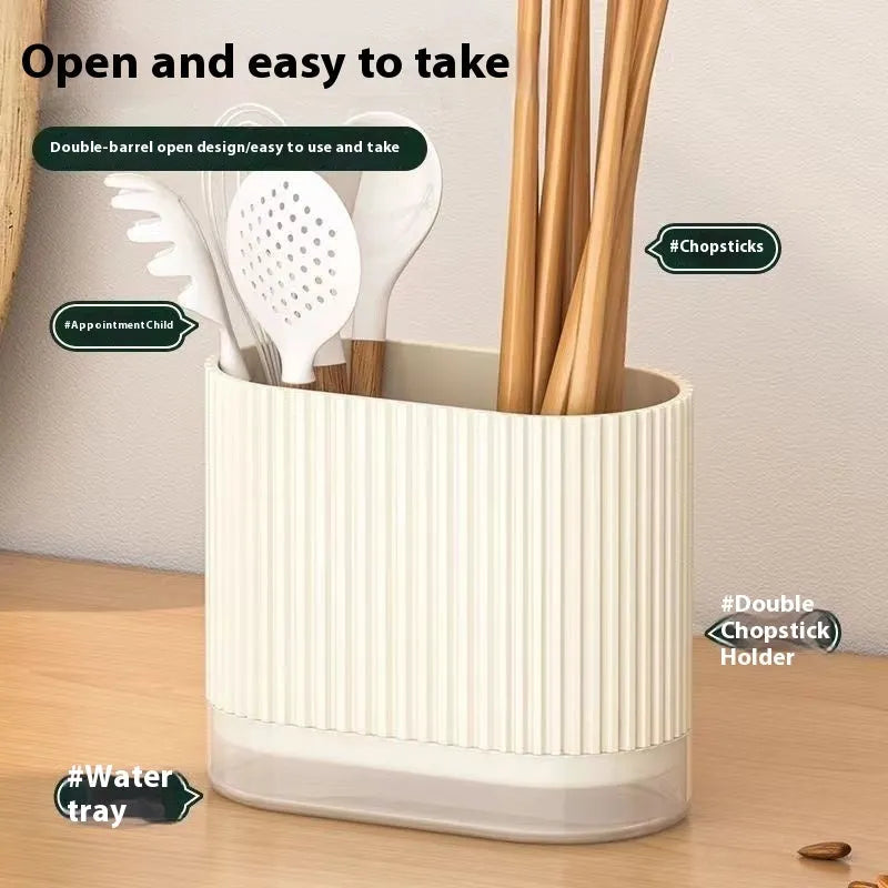 Plastic wall mounted chopstick basket with drainage tube design in beige colour