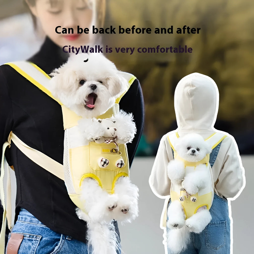 Cartoon animal design pet chest bag with colourful stitching on soft canvas material