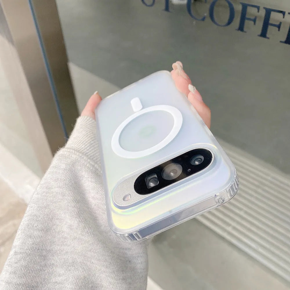 Transparent laser frosted matte phone case for Google Pixel with colourful design and magnetic feature.