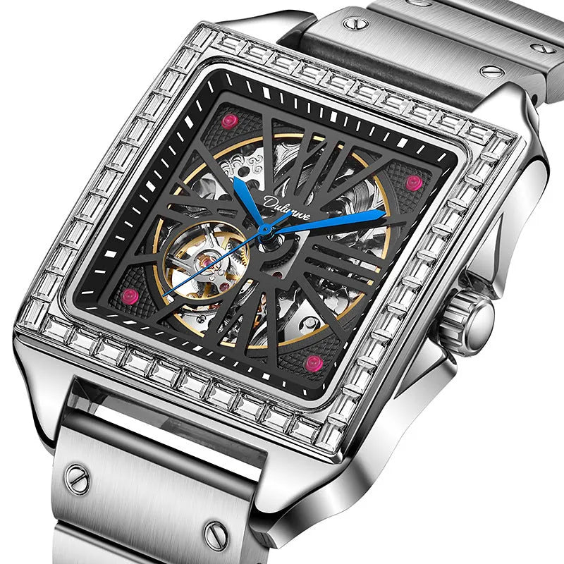 Men's square automatic watch with diamond studs on case, business style with black or white strap options.