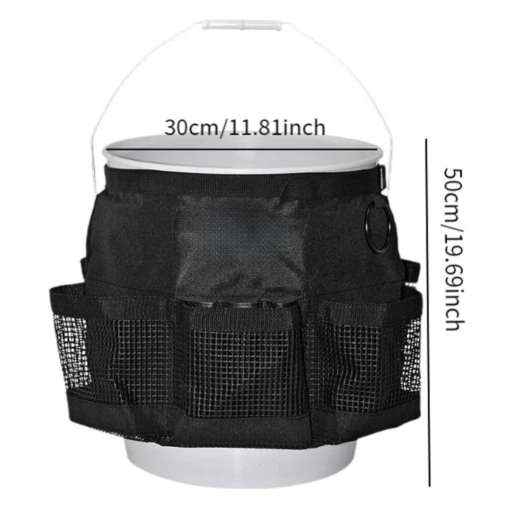 Black cylindrical polyester storage bag hanging from the rim of a 5-gallon barrel.