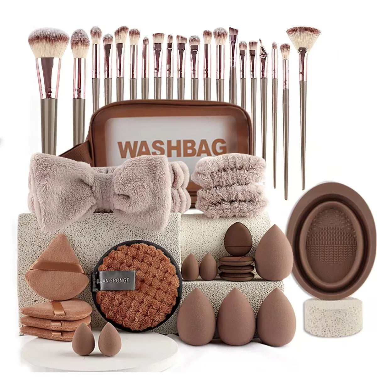Hydrophilic non-latex beauty tool combination set for makeup and face washing in pink, brown, and purple colours