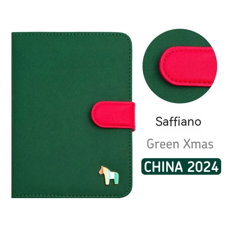 Compact leather-covered 396-day schedule book for hand accounting, shown lying open flat.